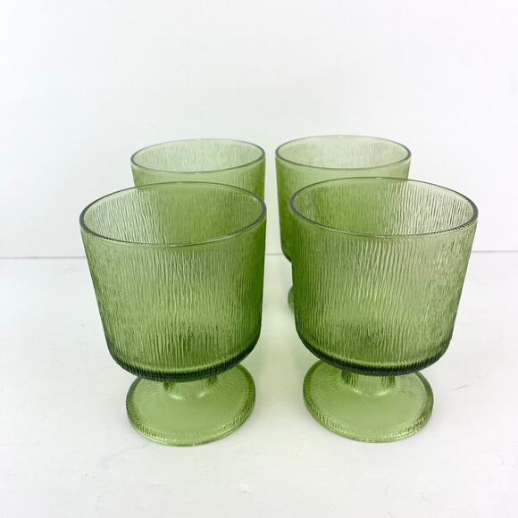 Avocado Green Rippled Glass Goblet Wine Juice Water Glasses Set of 4 - Picture 1 of 8
